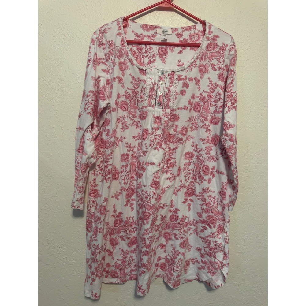 Aria Pink Floral Toile Cotton Knit Nightgown Henley Lace Trim Long Sleeve M